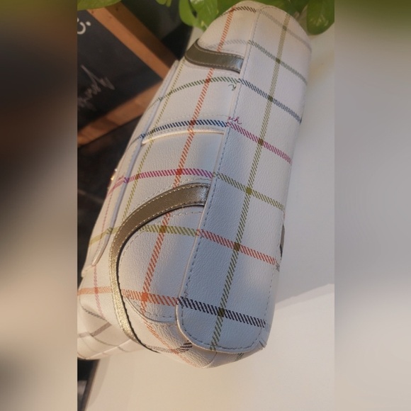 Authentic Coach Plaid Tote Bag White Multicolor Stripes Gold Handles - Picture 5 of 12